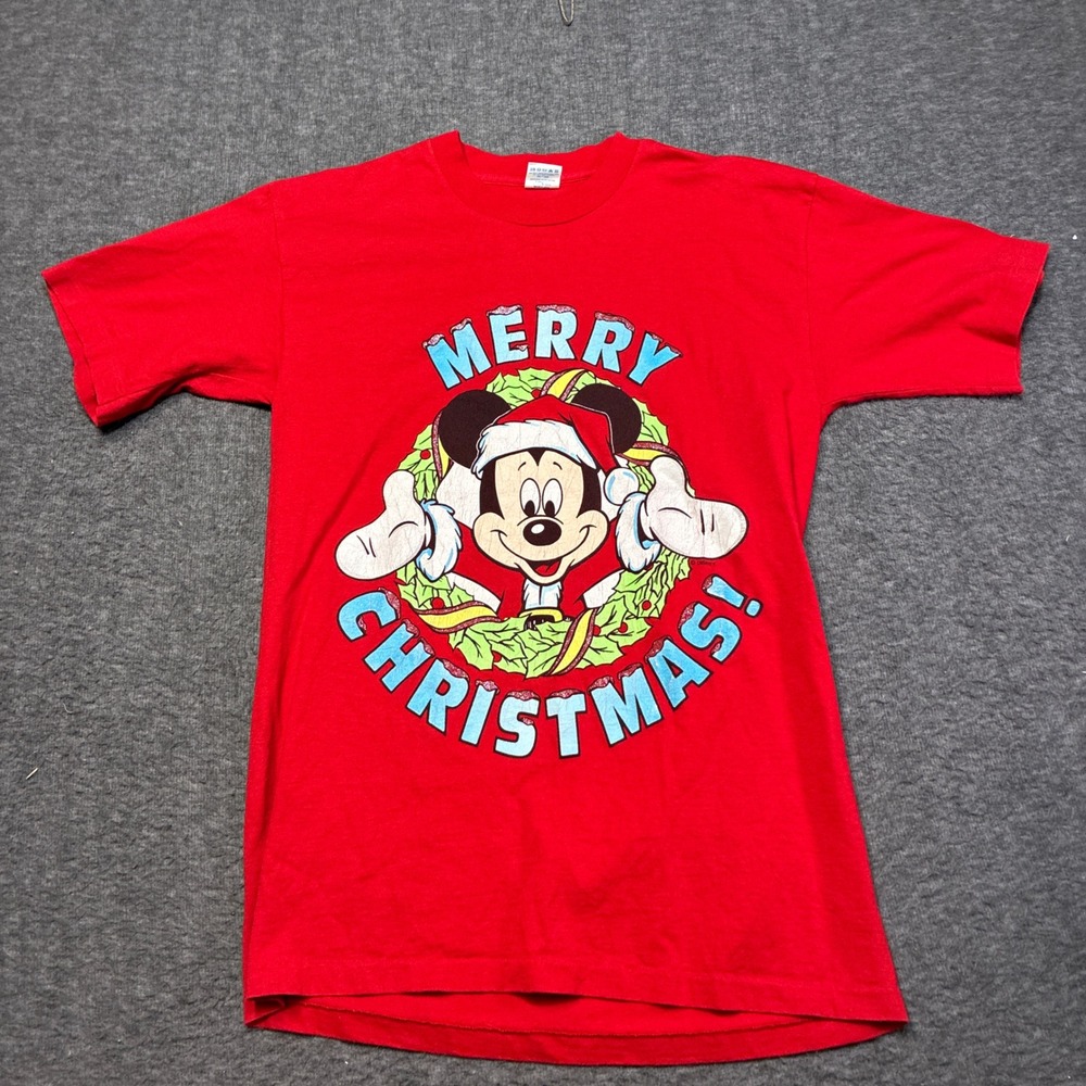 Disney Mickey Mouse T Shirt Mens Large Red Merry Christmas Graphic Single Stitch